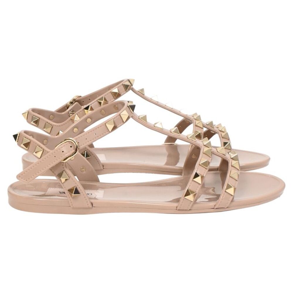 Valentino Rockstud Flat Sandals in Beige Rubber